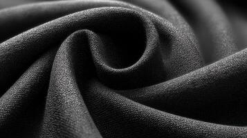 Black fabric in a close-up view showcasing intricate texture and smooth flow, ideal for fashion or interior design applications photo