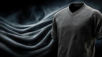 Black textured fabric drapes around a stylish V-neck shirt in a dramatic setting with flowing background photo
