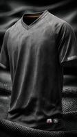 Black sports jersey with textured design and sleek appearance displayed on a dark background photo