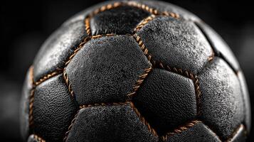 High-quality black soccer ball with detailed stitching on a dark background photo
