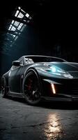 Sleek black sport car displays modern design and dynamic energy in an industrial setting at night photo