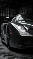 Luxury black car with raindrops showcasing exquisite design in an industrial setting photo