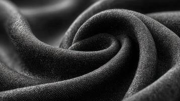 Soft black fabric curled in elegant folds on a dimly lit surface for textile design or fashion creation photo