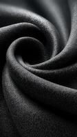 Dark textured fabric forms a spiral pattern with a smooth and rich appearance in a close-up shot taken indoors photo