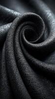Soft black fabric twisted into a spiral, showcasing intricate texture and smoothness in a high-quality textile close-up shot photo