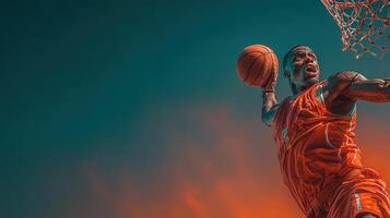 Basketball player leaps for a dunk during an exciting game at sunset in an outdoor arena photo