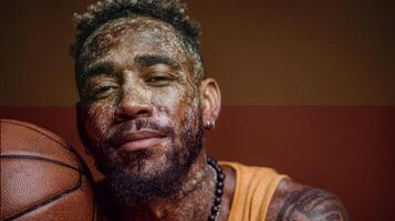 Basketball player showcases emotion and determination with a ball during a portrait session photo