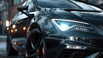 Sleek black sports car parked on an urban street at dusk with bright headlights illuminated photo