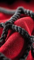 Detailed close-up of intertwined black rope on luxurious red fabric background during a creative photoshoot photo