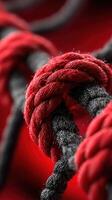 Red and black rope intertwined creating an intricate knot against a vibrant background photo