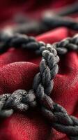 Close-up of intricately braided black rope intertwined with a rich red fabric photo