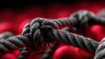Close-up of a black knot tied in thick rope against a blurred red background highlighting texture and intricacy of the knotwork photo