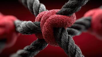Close-up of intertwined black and red ropes forming a strong knot highlighting texture and detail photo