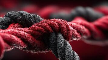 Close-up view of intertwined red and black ropes showcasing texture and detail in a dynamic composition photo