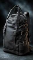 Stylish black backpack resting on a dark surface with a dramatic lighting effect photo