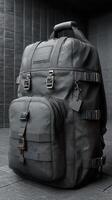 Stylish black backpack with multiple compartments placed on a dark tiled surface photo