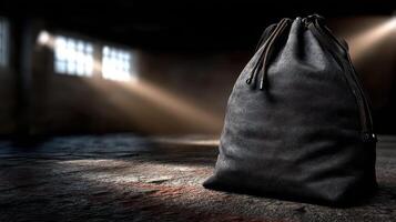 Dark leather bag rests on a gritty floor with soft light streaming through windows in an abandoned space photo