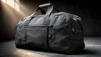 Stylish black duffel bag resting on a concrete floor in a dimly lit room with beams of light streaming in photo
