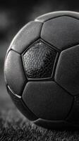 Soccer ball resting on grass field during an overcast day in the early morning light photo