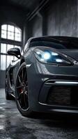 Sleek sports car parked in an industrial garage showcasing modern design and powerful lighting features photo