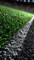 Close-up view of vibrant grass and white chalk line on a sports field during a rainy day in the evening photo