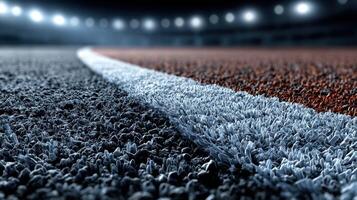 Track surface with lines and stadium lights in the background during an evening athletic event photo