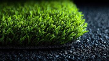 Artificial grass edges with a close-up view showcasing vibrant green blades laid on a dark surface for landscaping purposes photo