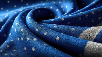 Soft blue fabric with silver polka dots draped elegantly on a surface, showcasing texture and pattern in indoor lighting photo