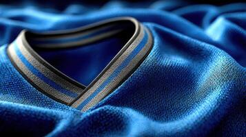 Close-up view of a blue sports jersey displayed on a soft fabric surface under soft lighting photo