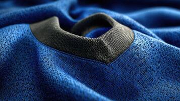 Close-up view of a textured blue fabric with a black collar highlighting unique weaving patterns and design details photo