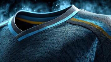 Detailed close-up view of a textured sports jersey showcasing vibrant colors and design elements photo