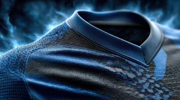 Detailed view of a blue and black sports jersey showcasing intricate fabric design and collar features photo