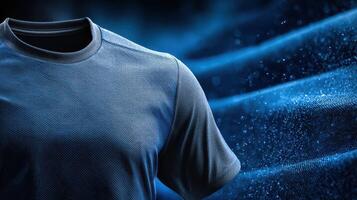 Sporty blue shirt with dynamic fabric movement and high-tech appearance against a dark background photo