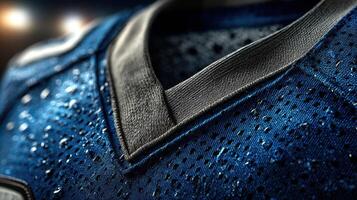 Close-up view of a detailed sports jersey fabric highlighting moisture-wicking technology in a vibrant blue color photo