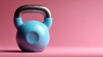 Strong blue kettlebell on pink background for fitness training enthusiasts and home workouts photo