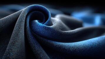 Textured blue fabric creates a wavy pattern in soft lighting with gentle contours and reflections at a close range photo