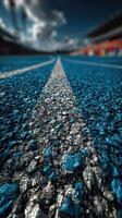 Bright blue running track under a cloudy sky captures the essence of athletics at a sports facility during the day photo