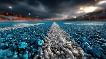 Detailed view of a track with blue and white markings under a dramatic sky during twilight hours photo
