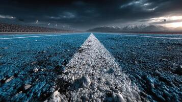 Racing track stretches toward mountains under dramatic sky at twilight photo