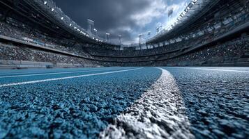 Track and field stadium illuminated under cloudy sky ready for an athletic event photo