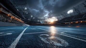 Bright stadium lights illuminate the track as dusk settles over the stadium before a major athletic event photo