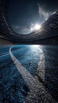 Bright sunlight illuminates a modern track within a spacious stadium during a serene afternoon photo