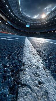 Exciting perspective of a stadium track before a major sporting event at dusk photo