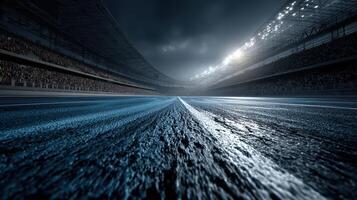 Race track under artificial lights with empty stands and a dramatic sky before an event begins photo