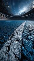 Cracked track surface inside a modern stadium under a dramatic sky just before an event photo