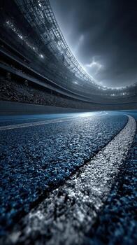 Modern stadium with a stunning curved track illuminated under a dramatic sky at twilight photo