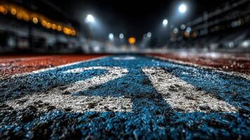 Close-up view of a worn-out track marking under stadium lights during a nighttime sports event photo
