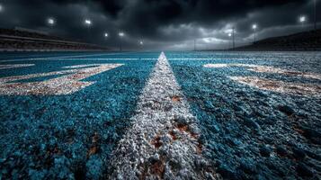 Vivid view of a football field under dramatic cloudy skies nearing evening photo