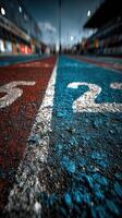 Racing track with blue and red markings captured from a low angle during a sunny day filled with anticipation and excitement photo