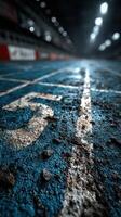 Track surface showing wear and tear, revealing a textured blue path in an indoor athletics facility during twilight photo